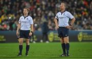 16 July 2022; Assistant referee Christophe Ridley, left, and referee Wayne Barnes during the Steinlager Series match between the New Zealand and Ireland at Sky Stadium in Wellington, New Zealand. Photo by Brendan Moran/Sportsfile