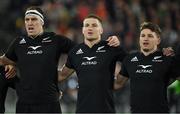 16 July 2022; New Zealand players, from left, Brodie Retallick, Jordie Barrett and Beauden Barrett during the national anthems before the Steinlager Series match between the New Zealand and Ireland at Sky Stadium in Wellington, New Zealand. Photo by Brendan Moran/Sportsfile