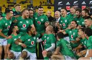 16 July 2022; Ireland captain Jonathan Sexton, IRFU president Des Kavanagh and teammates celebrates with the cup after the Steinlager Series match between the New Zealand and Ireland at Sky Stadium in Wellington, New Zealand. Photo by Brendan Moran/Sportsfile