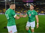 16 July 2022; Jack Conan, tight, and Jonathan Sexton of Ireland celebrate after the Steinlager Series match between the New Zealand and Ireland at Sky Stadium in Wellington, New Zealand. Photo by Brendan Moran/Sportsfile