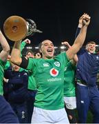 16 July 2022; James Lowe of Ireland celebrates with the cup after the Steinlager Series match between the New Zealand and Ireland at Sky Stadium in Wellington, New Zealand. Photo by Brendan Moran/Sportsfile