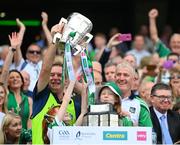 17 July 2022; Limerick manager John Kiely and team doctor James Ryan lift the Liam MacCarthy Cup after the GAA Hurling All-Ireland Senior Championship Final match between Kilkenny and Limerick at Croke Park in Dublin. Photo by Stephen McCarthy/Sportsfile