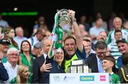 17 July 2022; Limerick performance psychologist Caroline Currid and team doctor James Ryan lift the Liam MacCarthy Cup after the GAA Hurling All-Ireland Senior Championship Final match between Kilkenny and Limerick at Croke Park in Dublin. Photo by Stephen McCarthy/Sportsfile