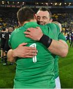 16 July 2022; Cian Healy, right and Andrew Porter of Ireland celebrate after the Steinlager Series match between the New Zealand and Ireland at Sky Stadium in Wellington, New Zealand. Photo by Brendan Moran/Sportsfile