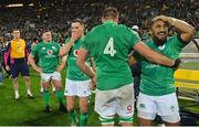 16 July 2022; Ireland players, from left, Tadhg Furlong, Jonathan Sexton, Tadhg Beirne and Bundee Aki celebrate after the Steinlager Series match between the New Zealand and Ireland at Sky Stadium in Wellington, New Zealand. Photo by Brendan Moran/Sportsfile