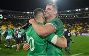 16 July 2022; James Ryan, right, and Jonathan Sexton of Ireland celebrate after the Steinlager Series match between the New Zealand and Ireland at Sky Stadium in Wellington, New Zealand. Photo by Brendan Moran/Sportsfile