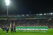 16 July 2022; The Ireland team stand for the national anthems before the Steinlager Series match between the New Zealand and Ireland at Sky Stadium in Wellington, New Zealand. Photo by Brendan Moran/Sportsfile