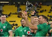 16 July 2022; Tadhg Beirne of Ireland celebrates with the cup after the Steinlager Series match between the New Zealand and Ireland at Sky Stadium in Wellington, New Zealand. Photo by Brendan Moran/Sportsfile