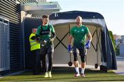 18 July 2022; Goalkeepers Leon Pohls, left, and Alan Mannus during a Shamrock Rovers training session at Huvepharma Arena in Razgrad, Bulgaria. Photo by Alex Nicodim/Sportsfile