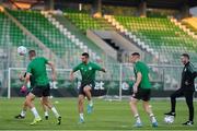 18 July 2022; Manager Stephen Bradley, right, and Neil Farrugia, centre, during a Shamrock Rovers training session at Huvepharma Arena in Razgrad, Bulgaria. Photo by Alex Nicodim/Sportsfile
