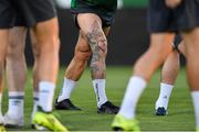 18 July 2022; A detailed view of tattoos on the leg of Richie Towell during a Shamrock Rovers training session at Huvepharma Arena in Razgrad, Bulgaria. Photo by Alex Nicodim/Sportsfile