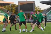18 July 2022; Players, from left, Richie Towell, Graham Burke, Ronan Finn and Sean Hoare during a Shamrock Rovers training session at Huvepharma Arena in Razgrad, Bulgaria. Photo by Alex Nicodim/Sportsfile