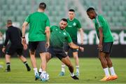 18 July 2022; Roberto Lopes and Aidomo Emakhu, right, during a Shamrock Rovers training session at Huvepharma Arena in Razgrad, Bulgaria. Photo by Alex Nicodim/Sportsfile