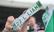 18 July 2022; A supporter holds up a commemorative Limerick number plate during the homecoming celebrations of the All-Ireland Senior Hurling Champions Limerick at TUS Gaelic Grounds in Limerick. Photo by Piaras Ó Mídheach/Sportsfile