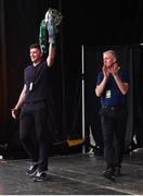 18 July 2022; Team captain Declan Hannon holds the Liam MacCarthy Cup aloft alongside manager John Kiely during the homecoming celebrations of the All-Ireland Senior Hurling Champions Limerick at TUS Gaelic Grounds in Limerick. Photo by Piaras Ó Mídheach/Sportsfile