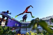 18 July 2022; Soufiane El Bakkali of Morocco, centre, on his way to winning the men's 3000m steeplechase during day four of the World Athletics Championships at Hayward Field in Eugene, Oregon, USA. Photo by Sam Barnes/Sportsfile