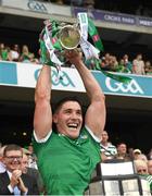17 July 2022; Seán Finn of Limerick lifts the Liam MacCarthy Cup after the GAA Hurling All-Ireland Senior Championship Final match between Kilkenny and Limerick at Croke Park in Dublin. Photo by Ray McManus/Sportsfile