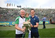 17 July 2022; Limerick manager John Kiely and coach Paul Kinnerk with his daughter Enya celebrates with the Liam MacCarthy Cup after the GAA Hurling All-Ireland Senior Championship Final match between Kilkenny and Limerick at Croke Park in Dublin. Photo by Stephen McCarthy/Sportsfile