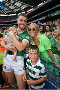 17 July 2022; Limerick's Séamus Flanagan with 12-week-old son Freddie, partner Laurie Carey and son Charlie after the GAA Hurling All-Ireland Senior Championship Final match between Kilkenny and Limerick at Croke Park in Dublin. Photo by Stephen McCarthy/Sportsfile