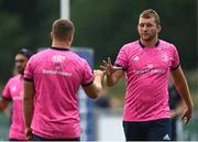 19 July 2022; Ross Molony, right, and Scott Penny play rock, paper, scissors during a Leinster rugby training session at Energia Park in Dublin. Photo by Harry Murphy/Sportsfile