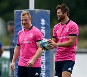 19 July 2022; James Tracy, left, and Ross Byrne during a Leinster rugby training session at Energia Park in Dublin. Photo by Harry Murphy/Sportsfile