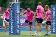 19 July 2022; Charlie Ngatai, centre, speaks with teammates, from left, Luke McGrath, Ross Molony and James Tracy during a Leinster rugby training session at Energia Park in Dublin. Photo by Harry Murphy/Sportsfile
