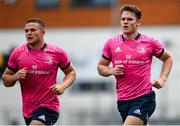 19 July 2022; Rob Russell, right, and Scott Penny during a Leinster rugby training session at Energia Park in Dublin. Photo by Harry Murphy/Sportsfile