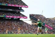 17 July 2022; Aaron Gillane of Limerick takes a free during the GAA Hurling All-Ireland Senior Championship Final match between Kilkenny and Limerick at Croke Park in Dublin. Photo by Stephen McCarthy/Sportsfile