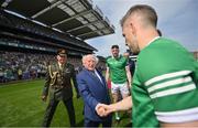 17 July 2022; President of Ireland Michael D Higgins with Graeme Mulcahy of Limerick before the GAA Hurling All-Ireland Senior Championship Final match between Kilkenny and Limerick at Croke Park in Dublin. Photo by Stephen McCarthy/Sportsfile