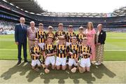 17 July 2022; Uachtarán Chumann Lúthchleas Gael Larry McCarthy, INTO President John Driscoll, President of the Camogie Association Hilda Breslin, and Cumann na mBunscol Chairperson Mairéad O'Callaghan, with the Kilkenny team, back row, left to right, Patrick Aylward, St Beacons N.S., Mullinavat, Kilkenny, Tom Barrett, Piercestown N.S., Piercestown, Wexford, Ben Healy, St Patrick's N.S., Baconstown, Enfield, Meath, Connor Cassidy, Naomh Tola, Killulagh, Delvin, Westmeath, Ryan Murphy, St. Canices PS, Feeny, Derry, front row, left to right, Liam Dunne, St Mary’s B.N.S., Lucan, Dublin, Paul Batten, St. Patrick's Boys' N.S., Hollypark, Blackrock, Dublin, Darragh Coleman, Borris N.S., Borris, Carlow, Donnacha Reidy, St Peters N.S., Dromiskin, Louth, and Patrick Curley, Carrabane N.S., Athenry, Galway, ahead of the INTO Cumann na mBunscol GAA Respect Exhibition Go Games at half-time of the GAA All-Ireland Senior Hurling Championship Final match between Kilkenny and Limerick at Croke Park in Dublin. Photo by Daire Brennan/Sportsfile