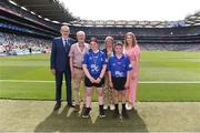 17 July 2022; Uachtarán Chumann Lúthchleas Gael Larry McCarthy, INTO President John Driscoll, President of the Camogie Association Hilda Breslin, and Cumann na mBunscol Chairperson Mairéad O'Callaghan, with the referees T. J. Vaughan, Scoil Treasa, Firhouse, Dublin and Tegen Brady, Balbriggan ETNS, Balbriggan, Dublin ahead of the INTO Cumann na mBunscol GAA Respect Exhibition Go Games at half-time of the GAA All-Ireland Senior Hurling Championship Final match between Kilkenny and Limerick at Croke Park in Dublin. Photo by Daire Brennan/Sportsfile