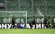 19 July 2022; Pieros Sotiriou of Ludogorets, right, shoots past Shamrock Rovers goalkeeper Alan Mannus to score his side's first goal during the UEFA Champions League 2022/23 Second Qualifying Round First Leg match between Ludogorets and Shamrock Rovers at Huvepharma Arena in Razgrad, Bulgaria. Photo by Alex Nicodim/Sportsfile
