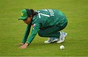 19 July 2022; Tuba Hassan of Pakistan fumbles a catch during the Women's T20 International match between Ireland and Pakistan at Bready Cricket Club in Bready, Tyrone. Photo by Ramsey Cardy/Sportsfile