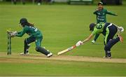 19 July 2022; Pakistan wicketkeeper Muneeba Ali attempts to run out Gaby Lewis of Ireland during the Women's T20 International match between Ireland and Pakistan at Bready Cricket Club in Bready, Tyrone. Photo by Ramsey Cardy/Sportsfile
