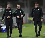 19 July 2022; Shamrock Rovers manager Stephen Bradley, centre, assistant coach Glenn Cronin, left, and Sporting Director Stephen McPhail leave the pitch at half time during the UEFA Champions League 2022/23 Second Qualifying Round First Leg match between Ludogorets and Shamrock Rovers at Huvepharma Arena in Razgrad, Bulgaria. Photo by Alex Nicodim/Sportsfile