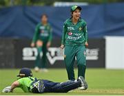 19 July 2022; Anam Amin of Pakistan celebrates running out Laura Delany of Ireland during the Women's T20 International match between Ireland and Pakistan at Bready Cricket Club in Bready, Tyrone. Photo by Ramsey Cardy/Sportsfile