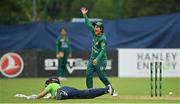 19 July 2022; Anam Amin of Pakistan celebrates running out Laura Delany of Ireland during the Women's T20 International match between Ireland and Pakistan at Bready Cricket Club in Bready, Tyrone. Photo by Ramsey Cardy/Sportsfile