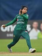 19 July 2022; Fatima Sana of Pakistan during the Women's T20 International match between Ireland and Pakistan at Bready Cricket Club in Bready, Tyrone. Photo by Ramsey Cardy/Sportsfile