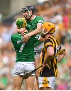 17 July 2022; Diarmaid Byrnes of Limerick celebrates with teammate Dan Morrissey after the GAA Hurling All-Ireland Senior Championship Final match between Kilkenny and Limerick at Croke Park in Dublin. Photo by Eóin Noonan/Sportsfile