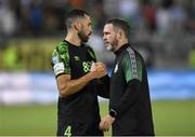 19 July 2022; Shamrock Rovers manager Stephen Bradley, right, and Roberto Lopes after the UEFA Champions League 2022/23 Second Qualifying Round First Leg match between Ludogorets and Shamrock Rovers at Huvepharma Arena in Razgrad, Bulgaria. Photo by Alex Nicodim/Sportsfile