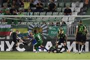 19 July 2022; Igor Thiago of Ludogorets scores his side's third goal past Shamrock Rovers goalkeeper Alan Mannus during the UEFA Champions League 2022/23 Second Qualifying Round First Leg match between Ludogorets and Shamrock Rovers at Huvepharma Arena in Razgrad, Bulgaria. Photo by Alex Nicodim/Sportsfile