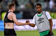 19 July 2022; Aidomo Emakhu, right, and Sean Hoare of Shamrock Rovers after the UEFA Champions League 2022/23 Second Qualifying Round First Leg match between Ludogorets and Shamrock Rovers at Huvepharma Arena in Razgrad, Bulgaria. Photo by Alex Nicodim/Sportsfile