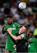 19 July 2022; Andy Lyons of Shamrock Rovers in action against Cicinho of Ludogorets during the UEFA Champions League 2022/23 Second Qualifying Round First Leg match between Ludogorets and Shamrock Rovers at Huvepharma Arena in Razgrad, Bulgaria. Photo by Alex Nicodim/Sportsfile