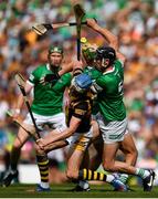 17 July 2022; TJ Reid of Kilkenny is tackled by Diarmaid Byrnes of Limerick during the GAA Hurling All-Ireland Senior Championship Final match between Kilkenny and Limerick at Croke Park in Dublin. Photo by Eóin Noonan/Sportsfile