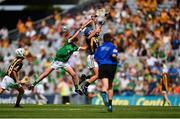 17 July 2022; Paul Batten, St. Patrick's Boys' N.S., Hollypark, Blackrock, Dublin, representing Kilkenny in action against Callum Kingston, Bunscoil Bhothar na Naomh, Lismore, Waterford, representing Limerick during the INTO Cumann na mBunscol GAA Respect Exhibition Go Games at half-time of the GAA All-Ireland Senior Hurling Championship Final match between Kilkenny and Limerick at Croke Park in Dublin. Photo by Eóin Noonan/Sportsfile