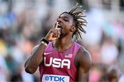 19 July 2022; Noah Lyles of United States celebrates after winning in the Men's 200m semi-final during day five of the World Athletics Championships at Hayward Field in Eugene, Oregon, USA. Photo by Sam Barnes/Sportsfile