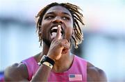 19 July 2022; Noah Lyles of United States celebrates after winning in the Men's 200m semi-final during day five of the World Athletics Championships at Hayward Field in Eugene, Oregon, USA. Photo by Sam Barnes/Sportsfile
