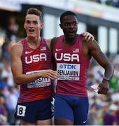 19 July 2022; Rai Benjamin, right, and Trevor Bassitt of United States after winning silver and bronze medals respectively in the Men's 400m Hurdles Final during day five of the World Athletics Championships at Hayward Field in Eugene, Oregon, USA. Photo by Sam Barnes/Sportsfile