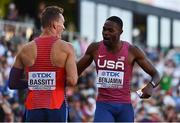 19 July 2022; Rai Benjamin, right, celebrates with Trevor Bassitt of United States after winning silver and bronze medals respectively in the Men's 400m Hurdles Final during day five of the World Athletics Championships at Hayward Field in Eugene, Oregon, USA. Photo by Sam Barnes/Sportsfile