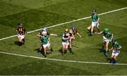 17 July 2022; Callum Kingston, Bunscoil Bhothar na Naomh, Lismore, Waterford, representing Limerick in action against Paul Batten, St. Patrick's Boys' N.S., Hollypark, Blackrock, Dublin, representing Kilkenny during the INTO Cumann na mBunscol GAA Respect Exhibition Go Games at half-time of the GAA All-Ireland Senior Hurling Championship Final match between Kilkenny and Limerick at Croke Park in Dublin. Photo by Daire Brennan/Sportsfile